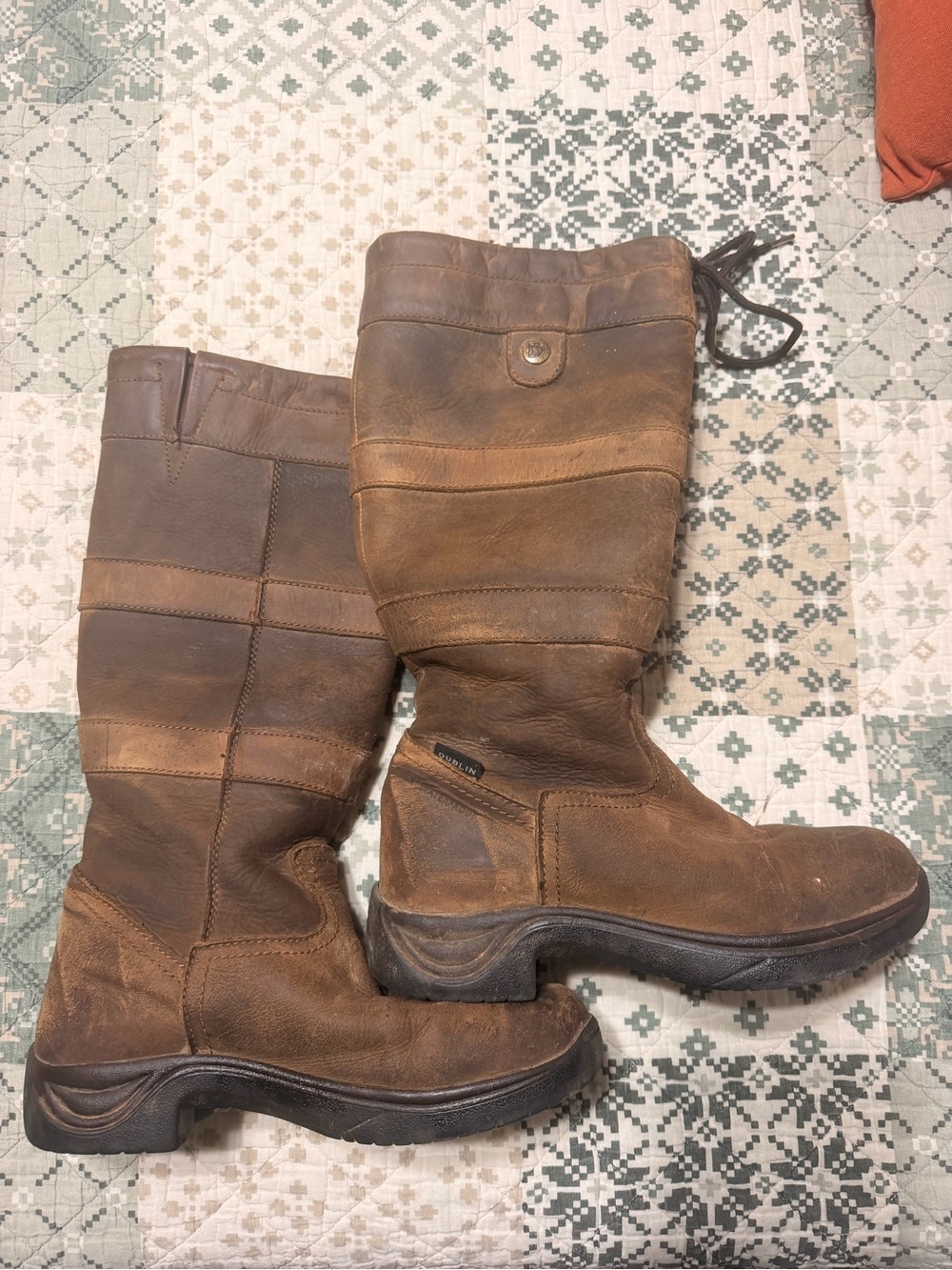 Women's Brown Leather Tall Winter Rain Boots - Pull-On Tie Detail